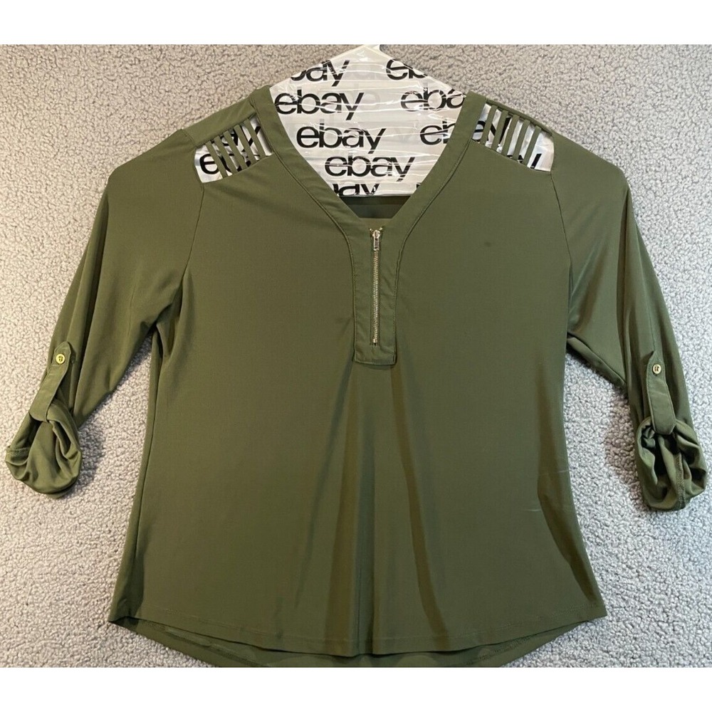 Sweet Wanderer Army Green Half Zip Pullover, Sleeve Tabs, Peep Sleeves XL